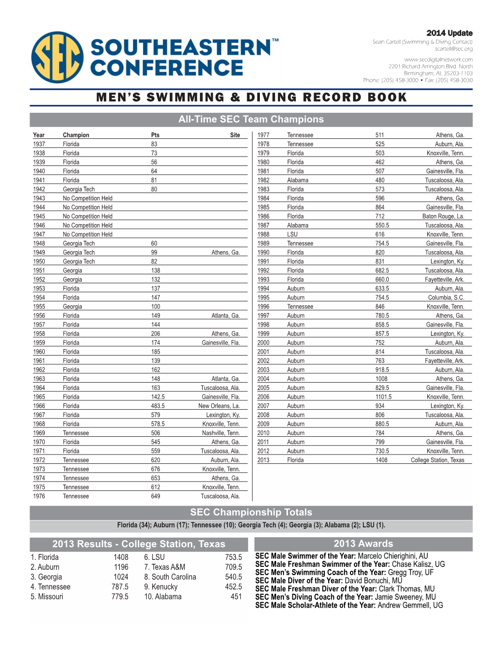 2014 SEC Men's Swimming and Diving Record Book Layout 1