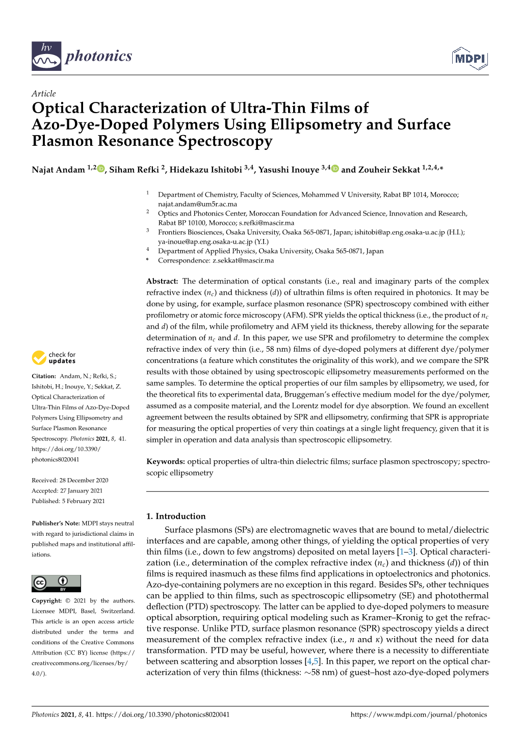 Optical Characterization of Ultra-Thin Films of Azo-Dye-Doped Polymers Using Ellipsometry and Surface Plasmon Resonance Spectroscopy