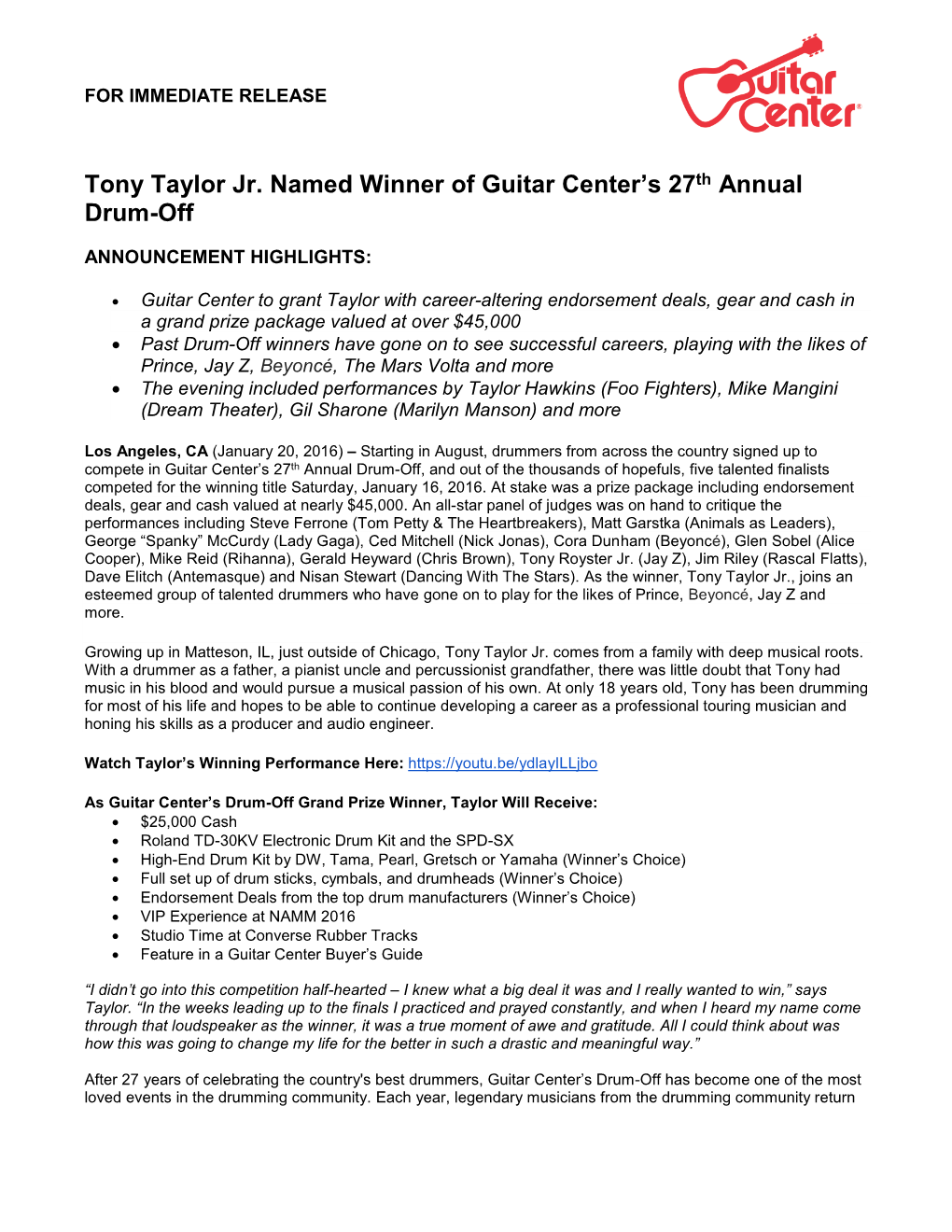 Tony Taylor Jr. Named Winner of Guitar Center's 27Th Annual Drum-Off