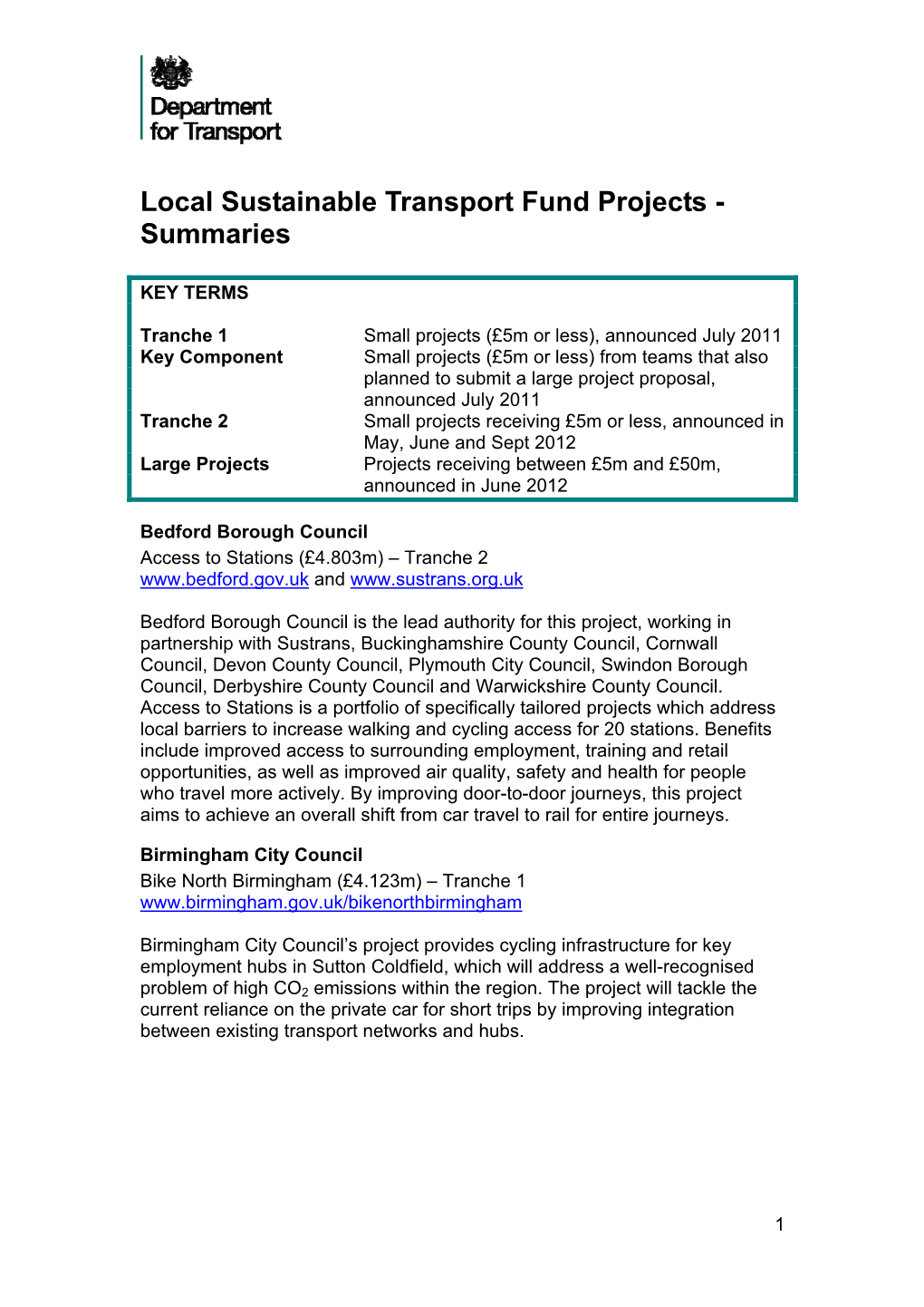 Local Sustainable Transport Fund Projects - Summaries