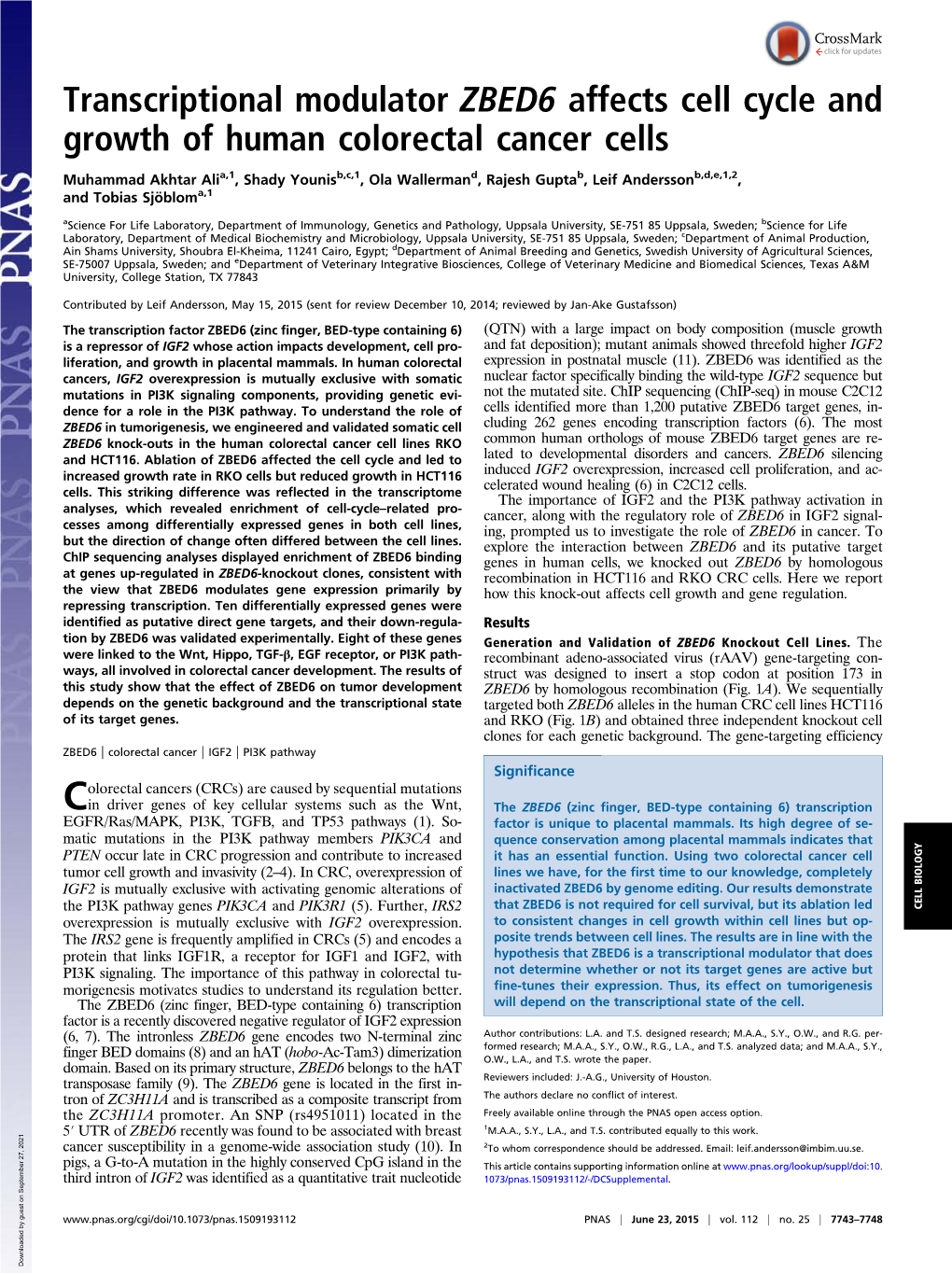 Transcriptional Modulator ZBED6 Affects Cell Cycle and Growth of Human Colorectal Cancer Cells