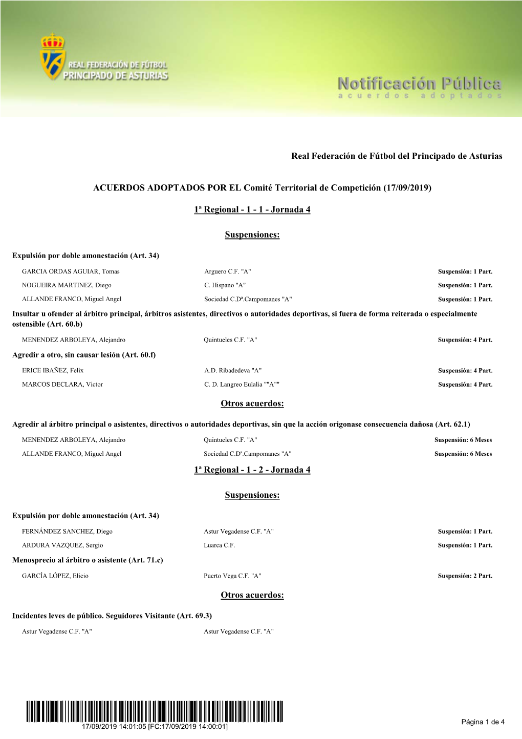 Real Federación De Fútbol Del Principado De Asturias ACUERDOS ADOPTADOS POR EL Comité Territorial De Competición (17/09/2019