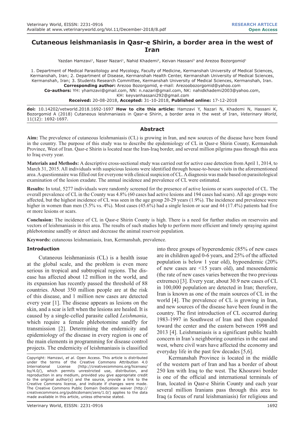 Cutaneous Leishmaniasis in Qasr-E Shirin, a Border Area in the West of Iran