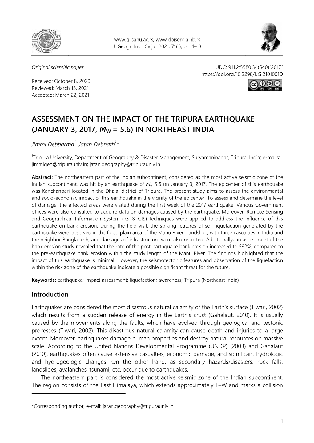 Assessment on the Impact of the Tripura Earthquake