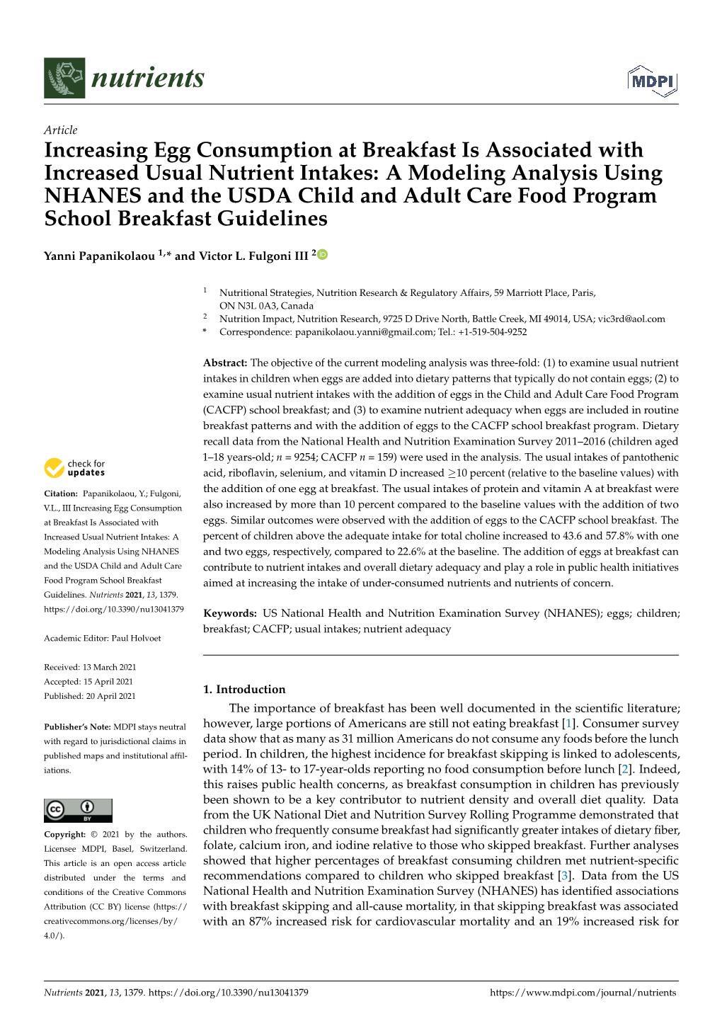 Increasing Egg Consumption at Breakfast Is Associated With