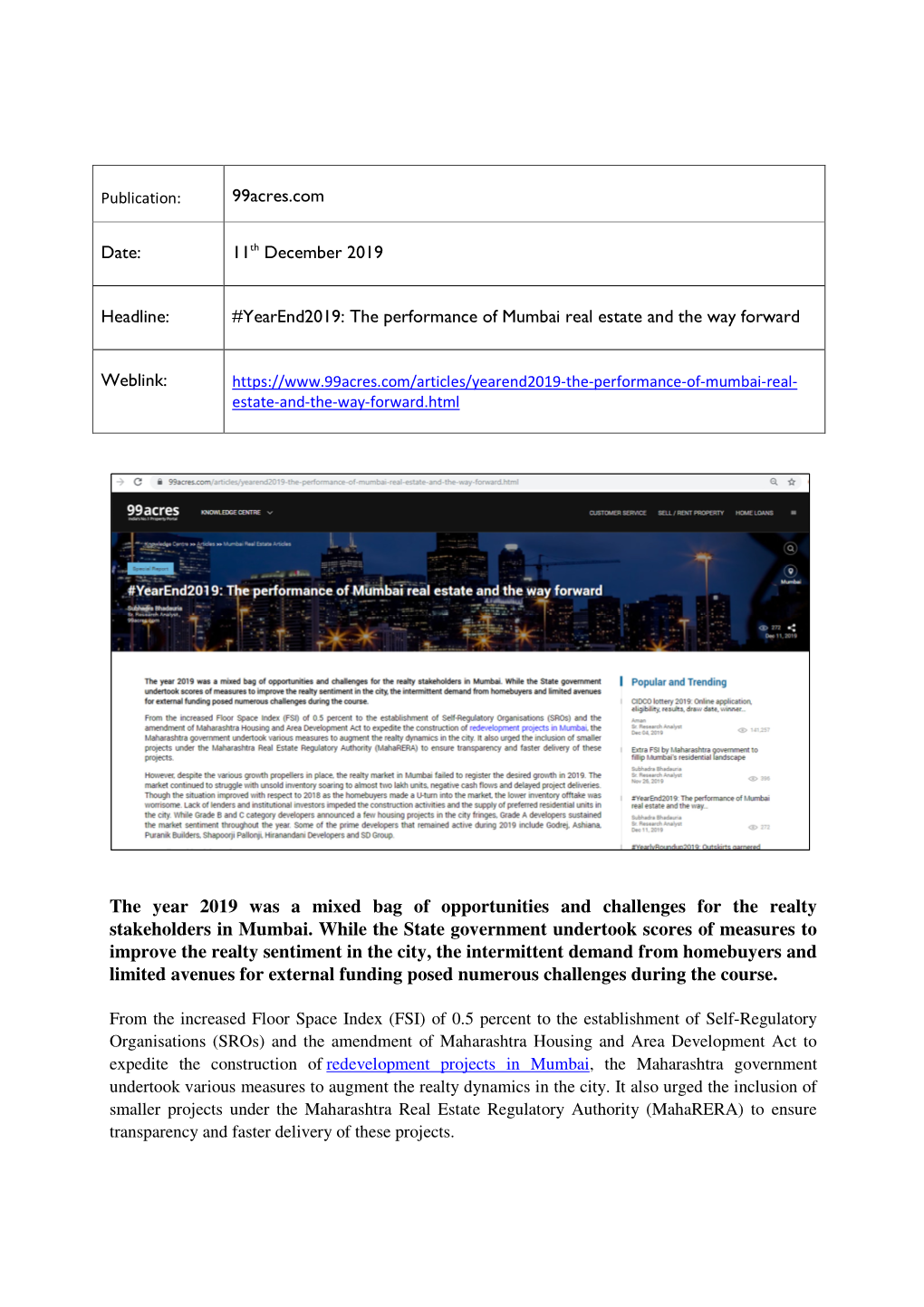 The Year 2019 Was a Mixed Bag of Opportunities and Challenges for the Realty Stakeholders in Mumbai