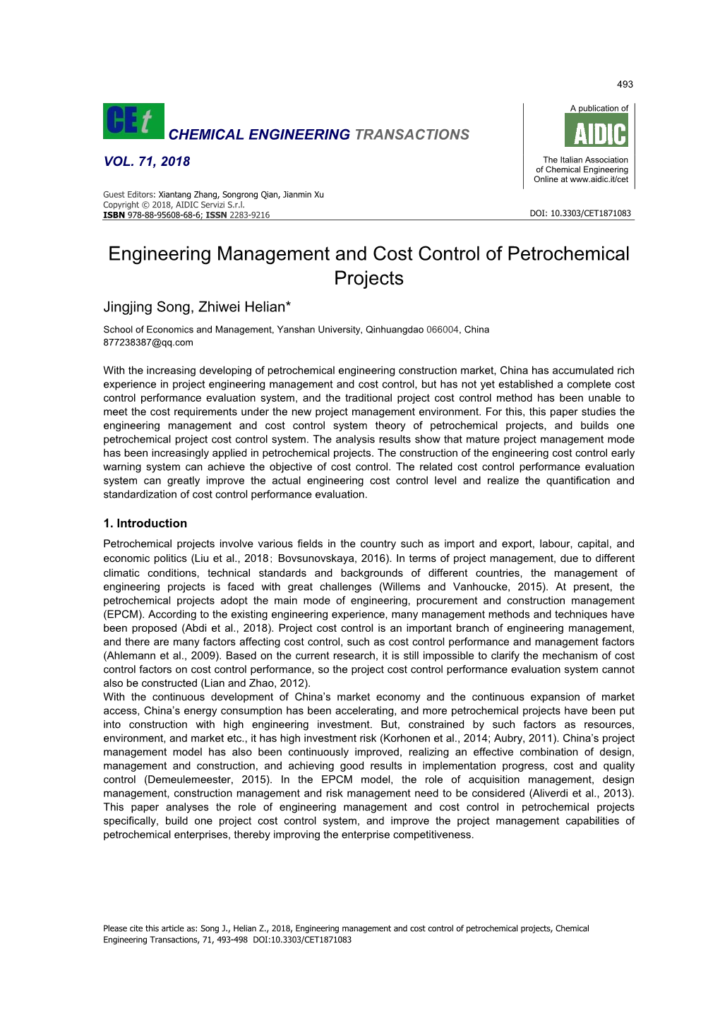 Engineering Management and Cost Control of Petrochemical Projects