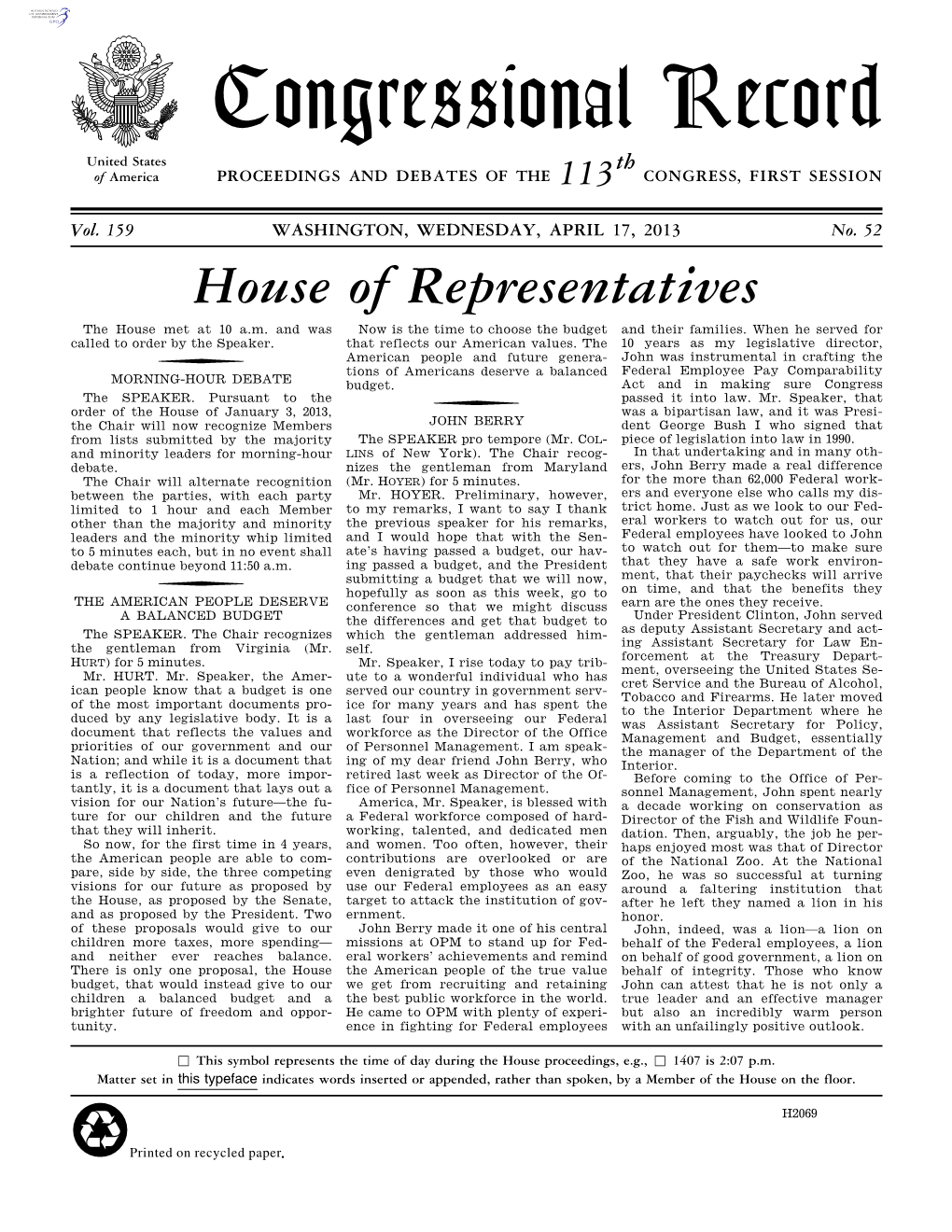 Congressional Record United States Th of America PROCEEDINGS and DEBATES of the 113 CONGRESS, FIRST SESSION