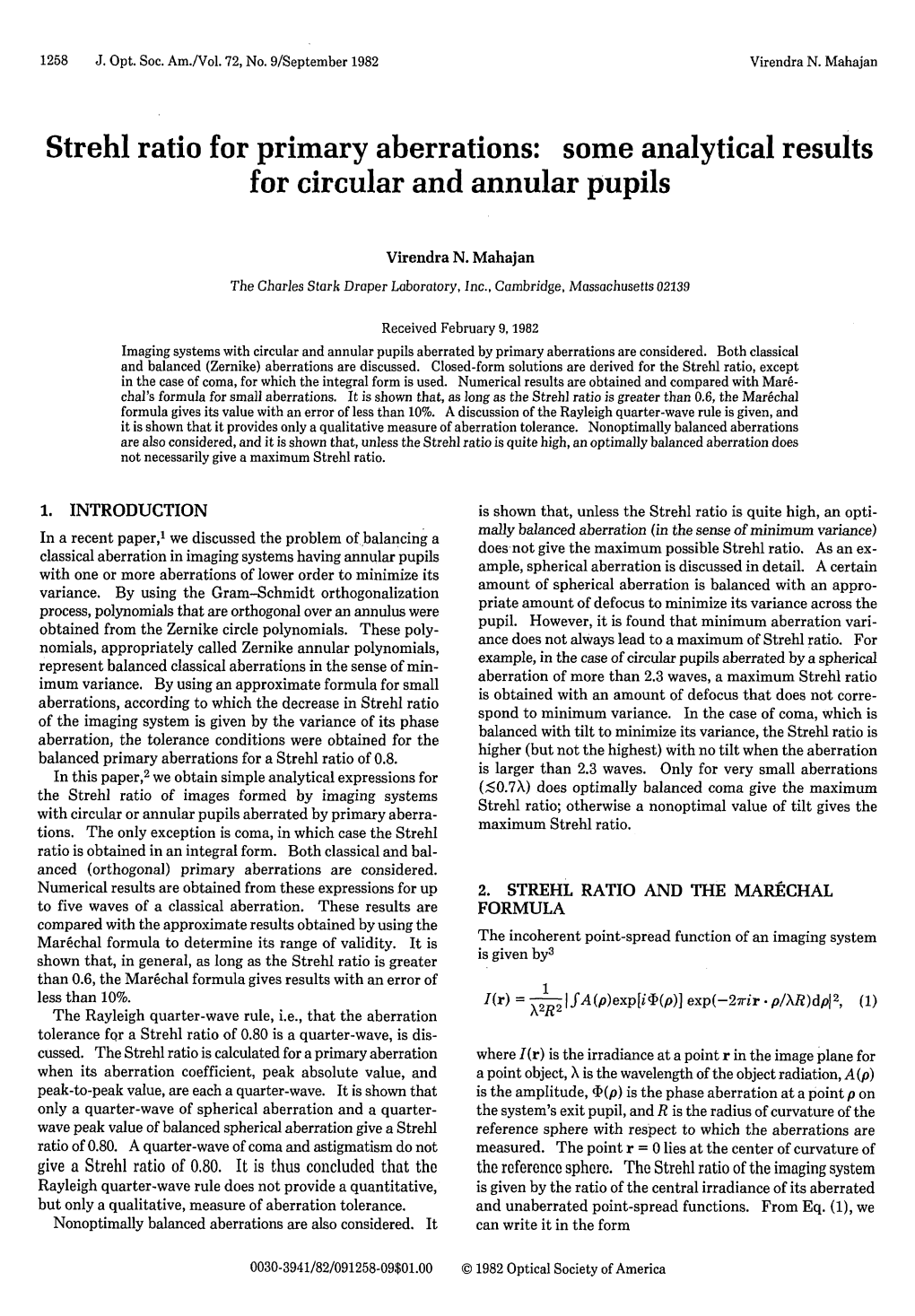 Strehl Ratio for Primary Aberrations: Some Analytical Results for Circular and Annular Pupils