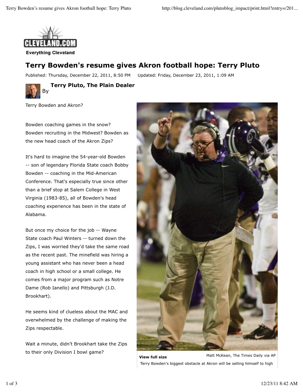 Terry Bowden's Resume Gives Akron Football Hope Terry Pluto
