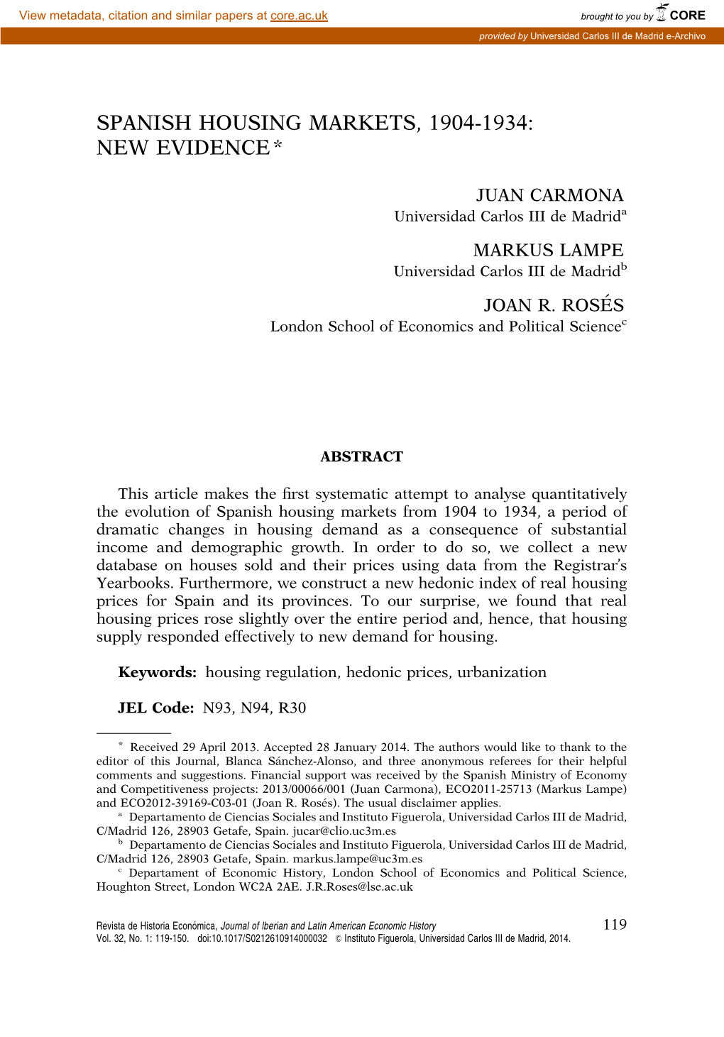 Spanish Housing Markets, 1904-1934: New Evidence*