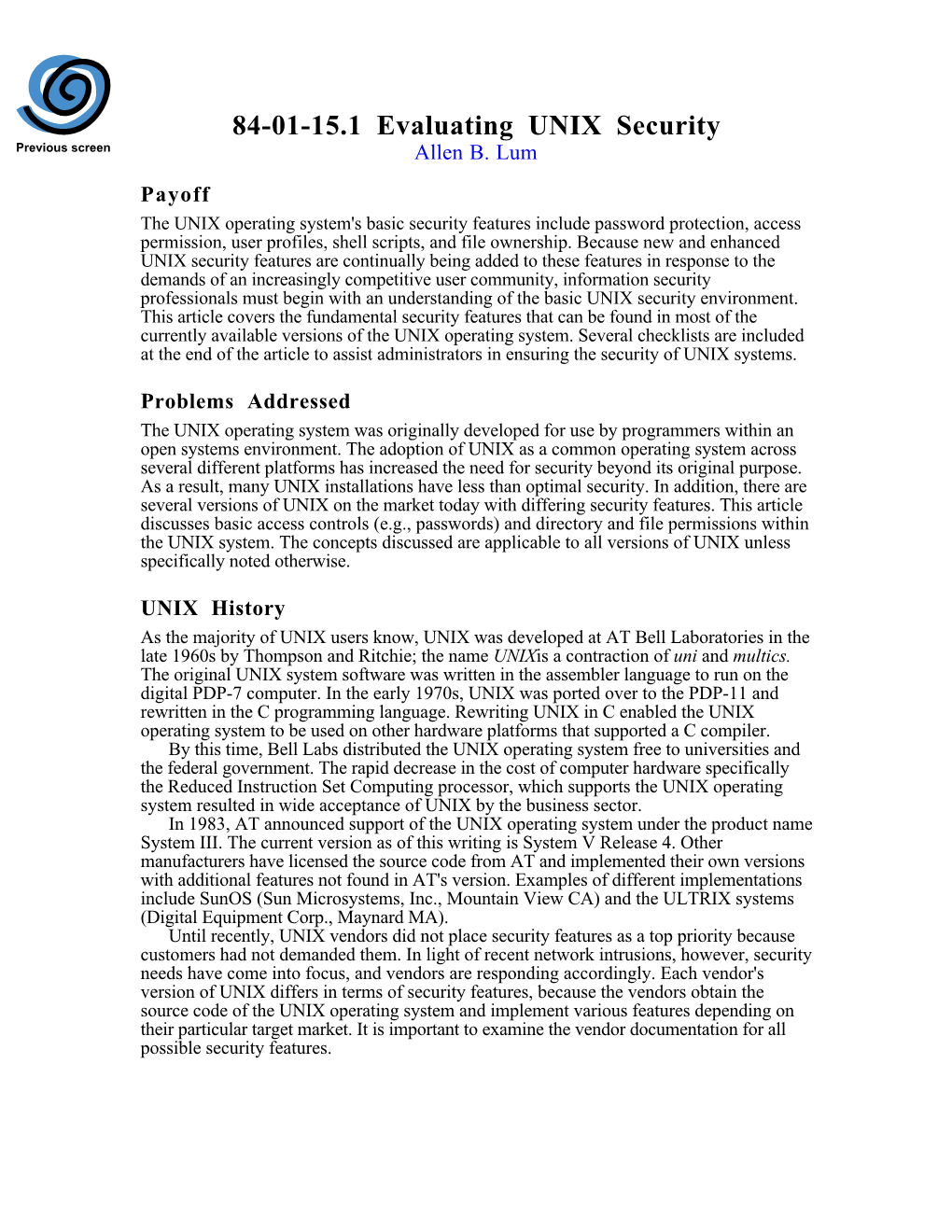 Evaluating UNIX Security Previous Screen Allen B