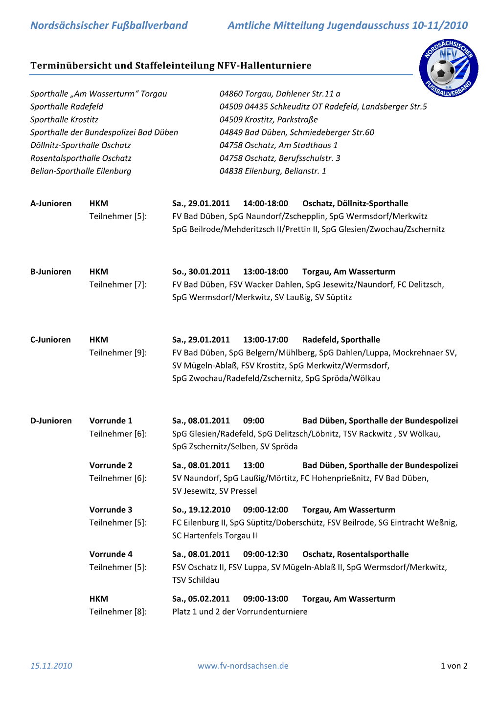 Nords攘hsischer Fu鶴allverband Amtliche Mitteilung