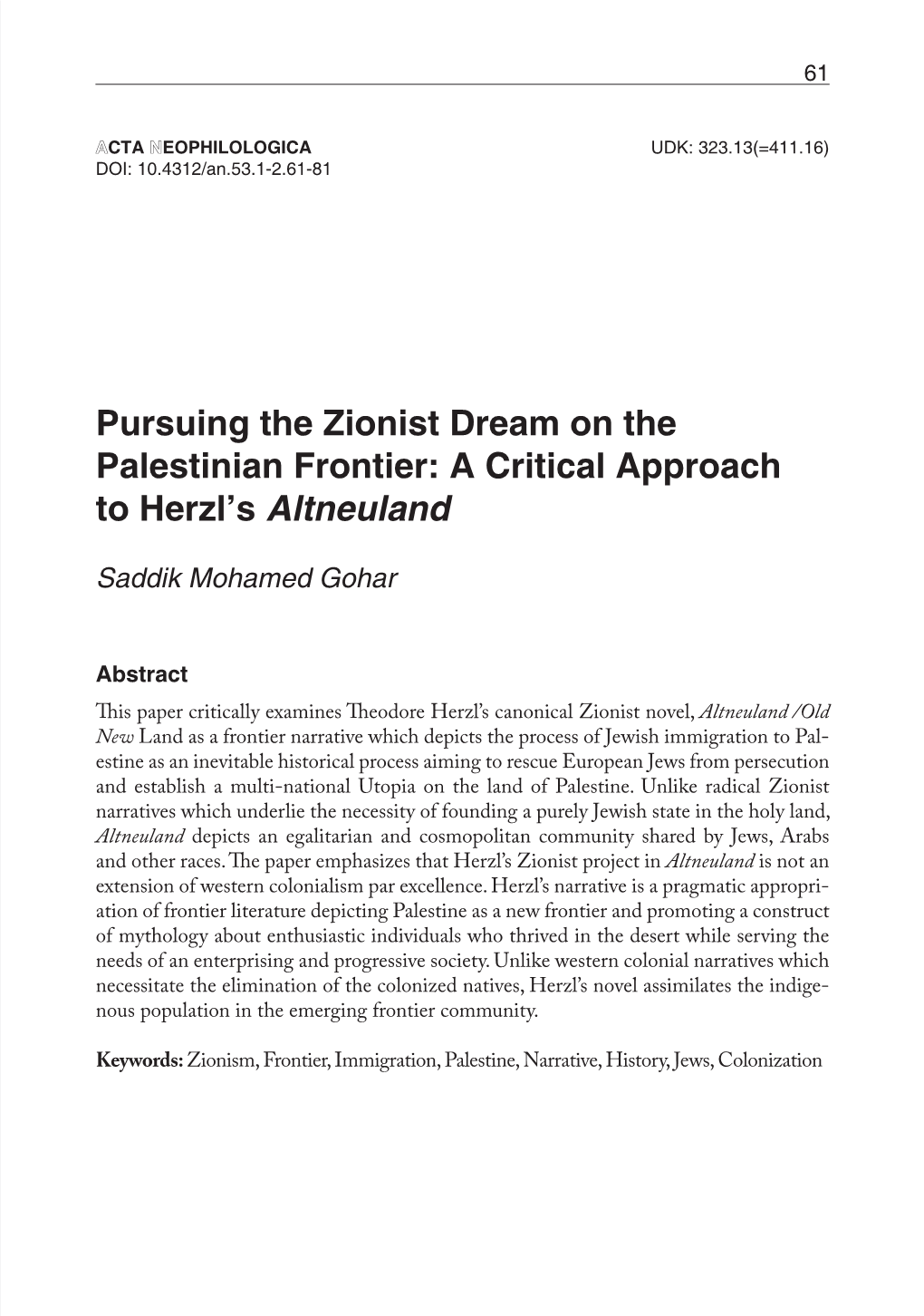 Pursuing the Zionist Dream on the Palestinian Frontier: a Critical Approach to Herzl’S Altneuland