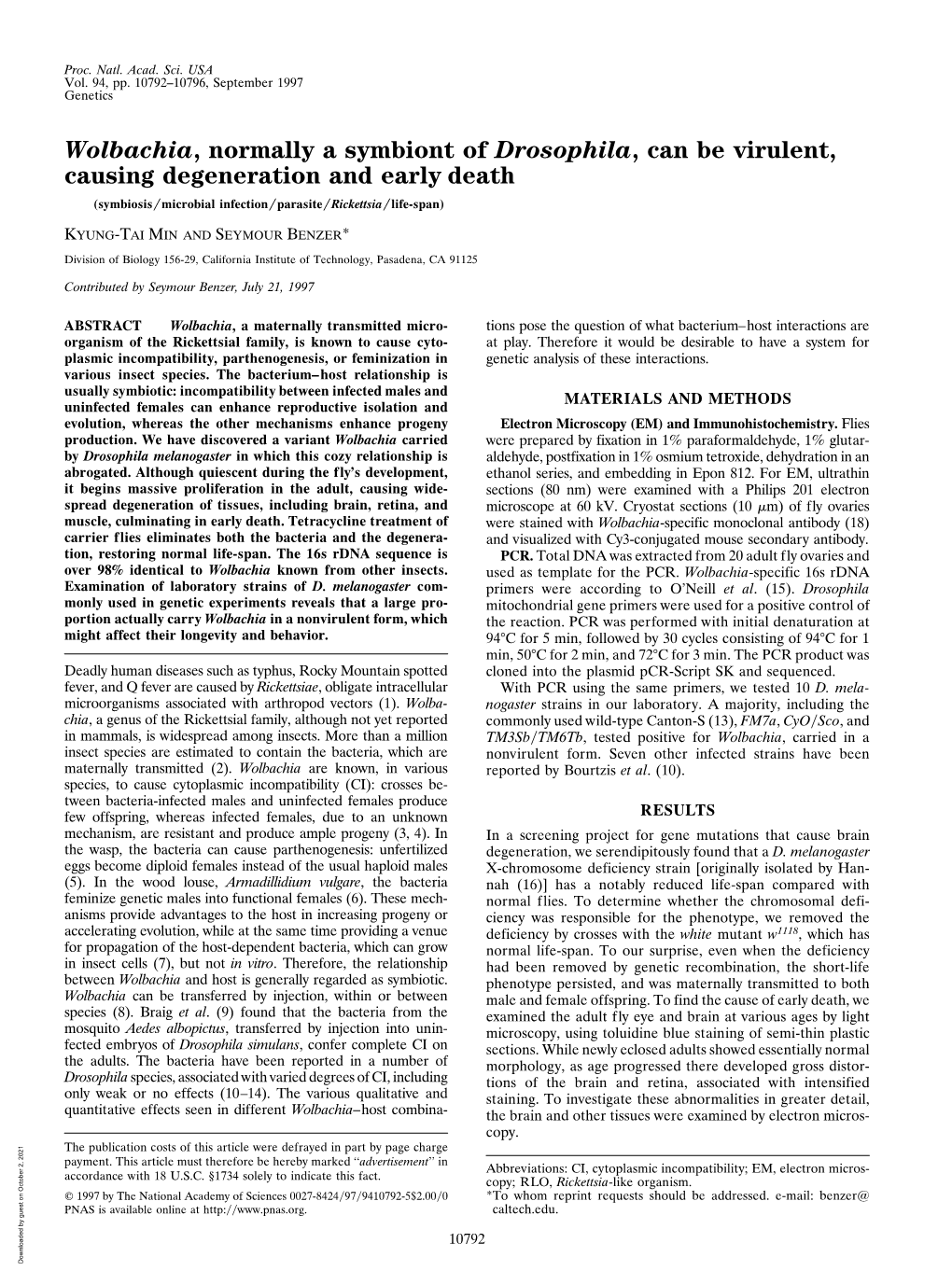 Wolbachia, Normally a Symbiont of Drosophila, Can Be Virulent, Causing Degeneration and Early Death (Symbiosis͞microbial Infection͞parasite͞rickettsia͞life-Span)