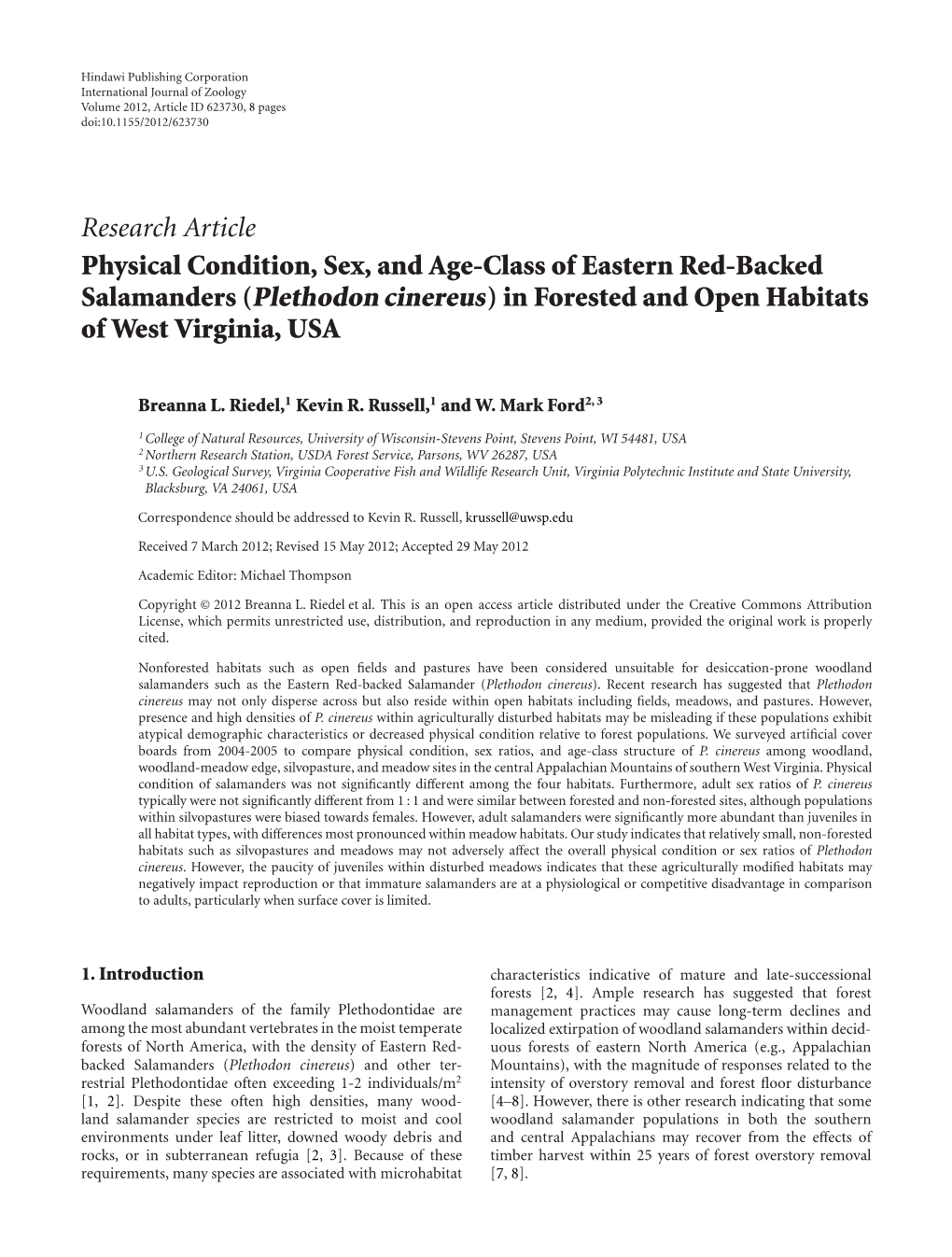 Physical Condition, Sex, and Age-Class of Eastern Red-Backed Salamanders (Plethodon Cinereus) in Forested and Open Habitats of West Virginia, USA