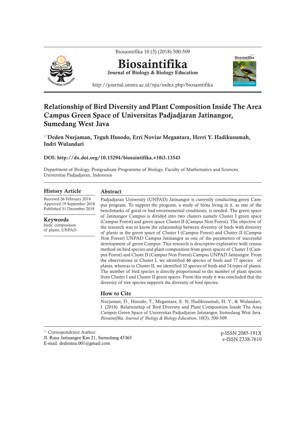 Relationship of Bird Diversity and Plant Composition Inside the Area Campus Green Space of Universitas Padjadjaran Jatinangor, Sumedang West Java