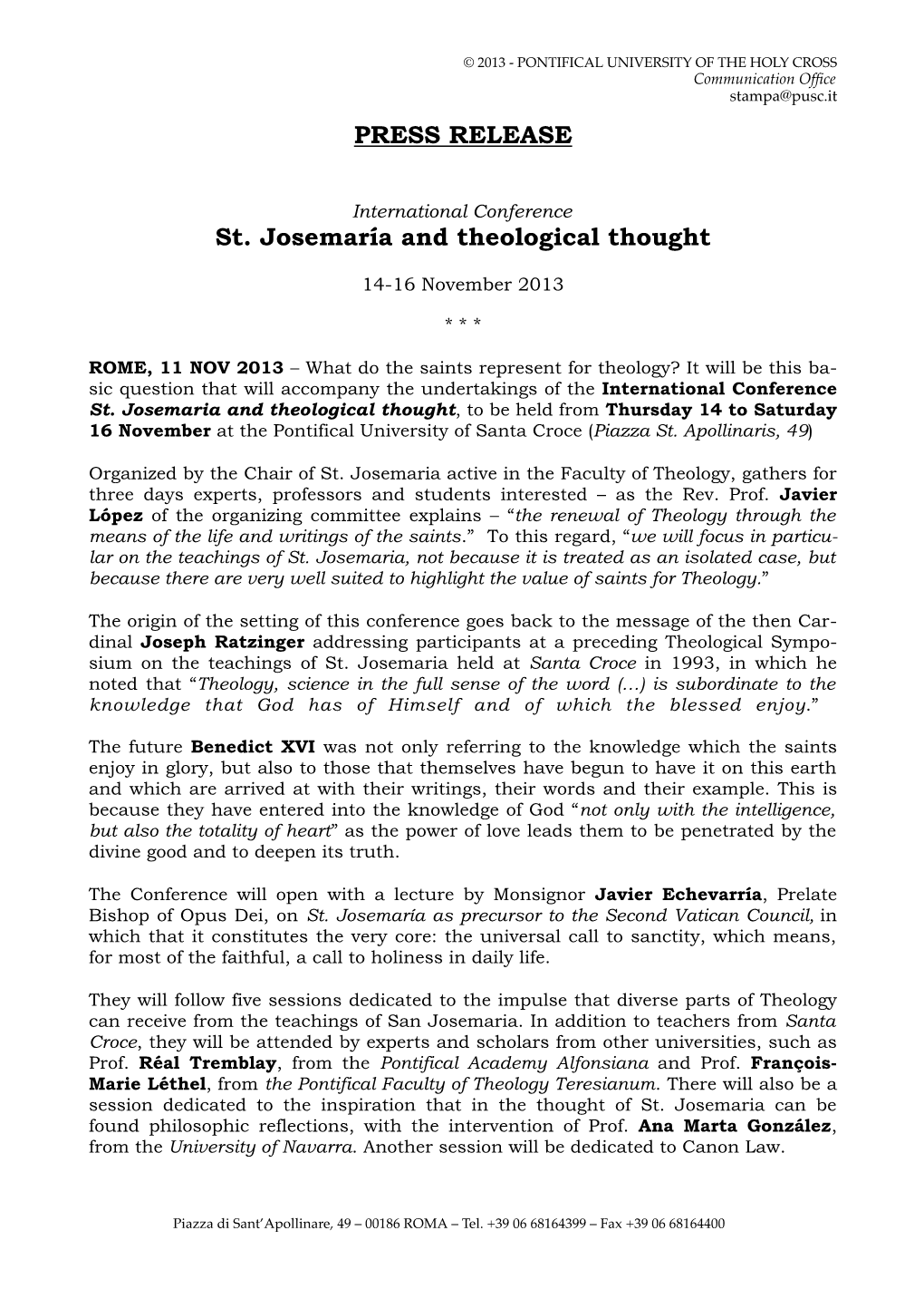 PRESS RELEASE St. Josemaría and Theological Thought