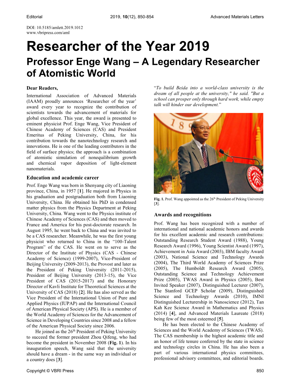 Researcher of the Year 2019 Professor Enge Wang – a Legendary Researcher of Atomistic World