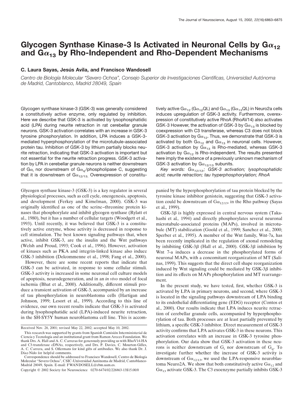 Glycogen Synthase Kinase-3 Is Activated in Neuronal Cells by G 12