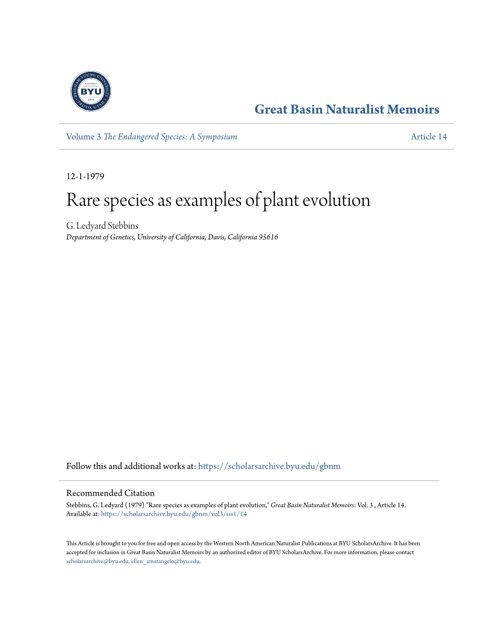 Rare Species As Examples of Plant Evolution G