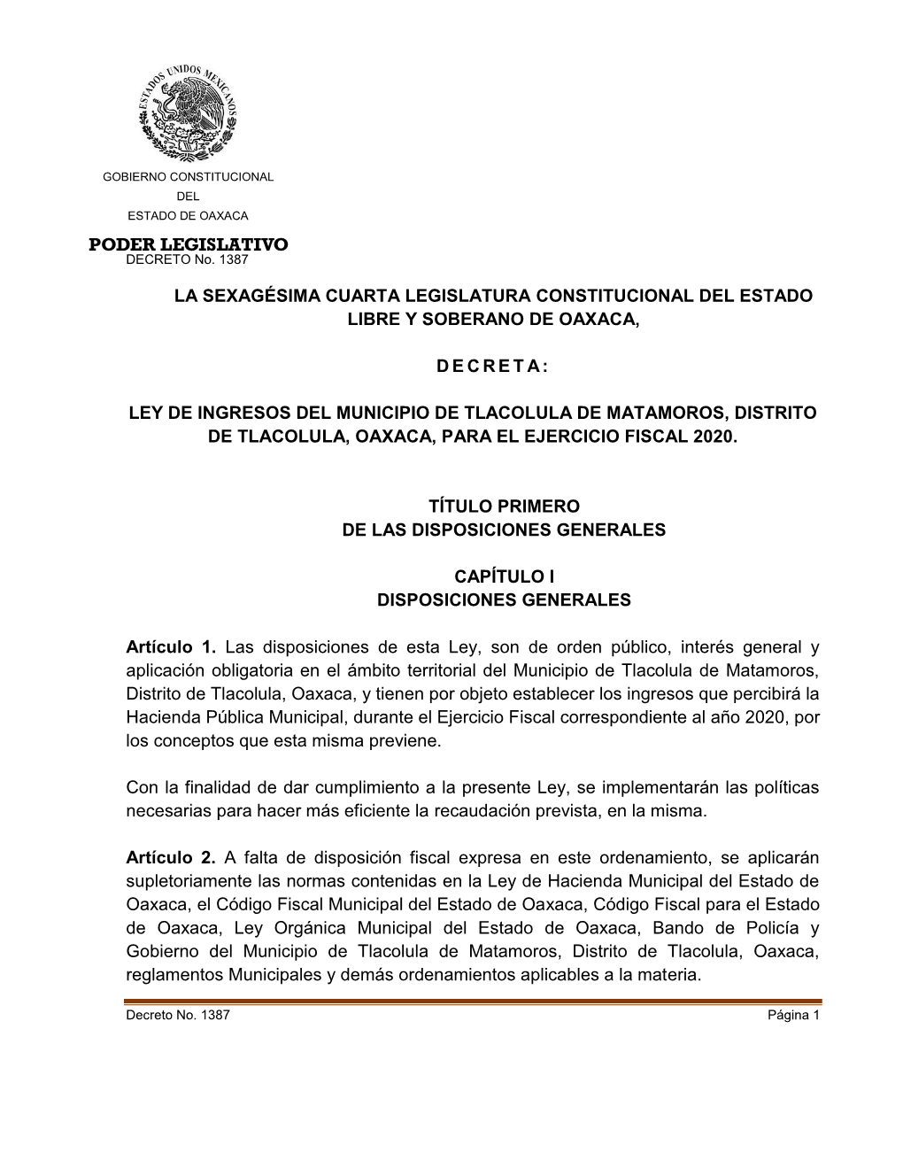 Ley De Ingresos Del Municipio De Tlacolula De Matamoros, Distrito De Tlacolula, Oaxaca, Para El Ejercicio Fiscal 2020