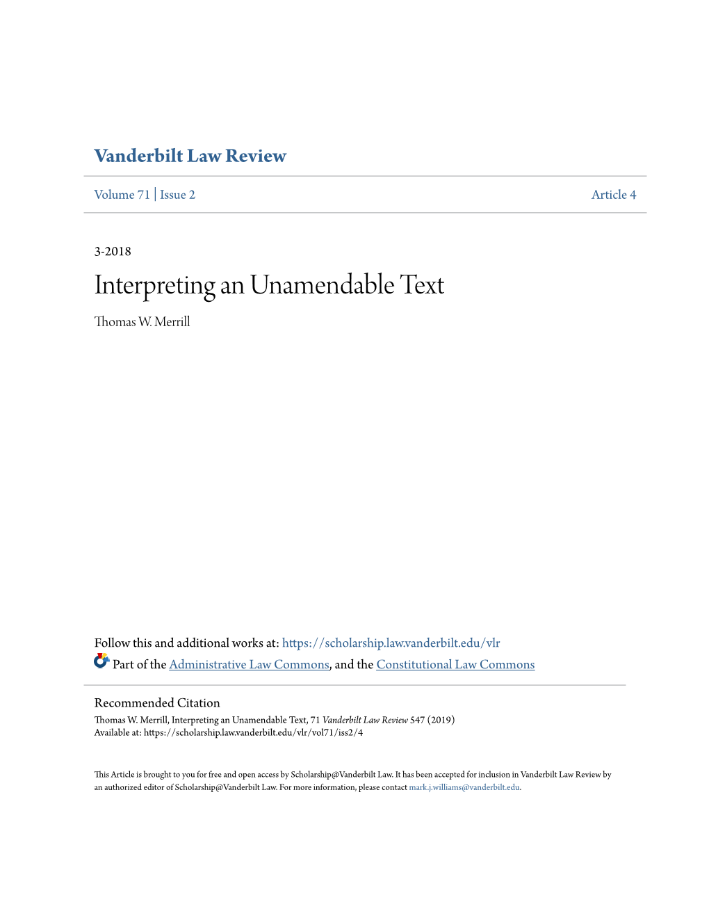 Interpreting an Unamendable Text Thomas W