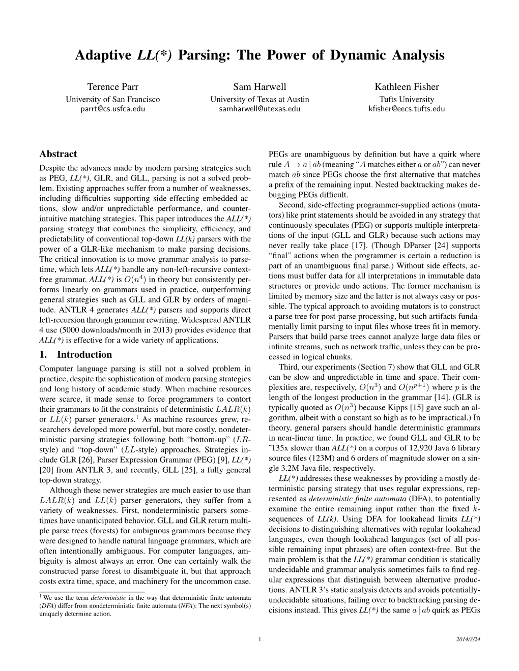 Adaptive LL(*) Parsing: the Power of Dynamic Analysis