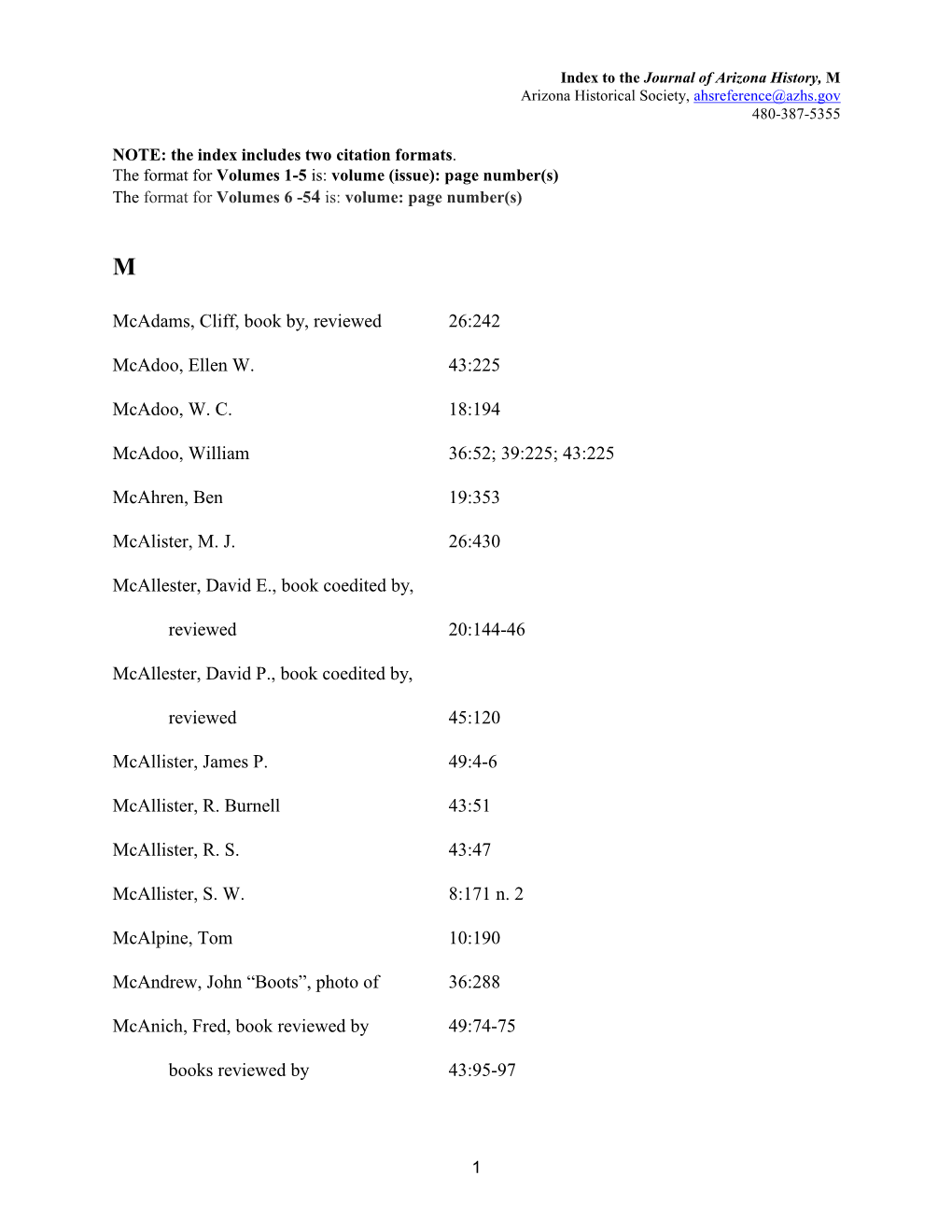 Journal of Arizona History Index, M