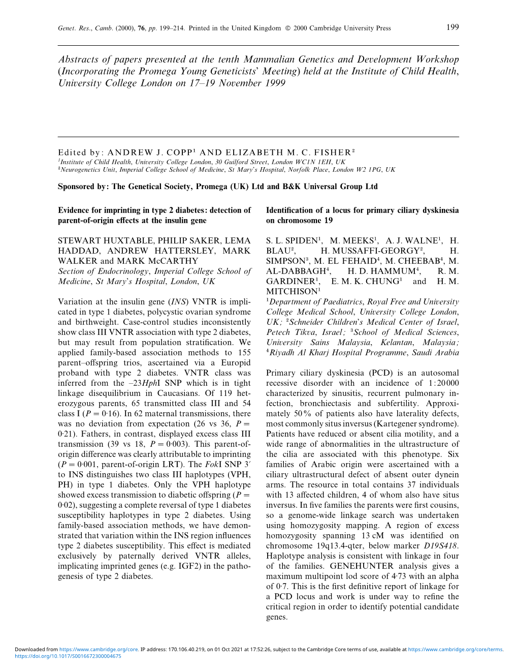 Abstracts of Papers Presented at the Tenth Mammalian Genetics And