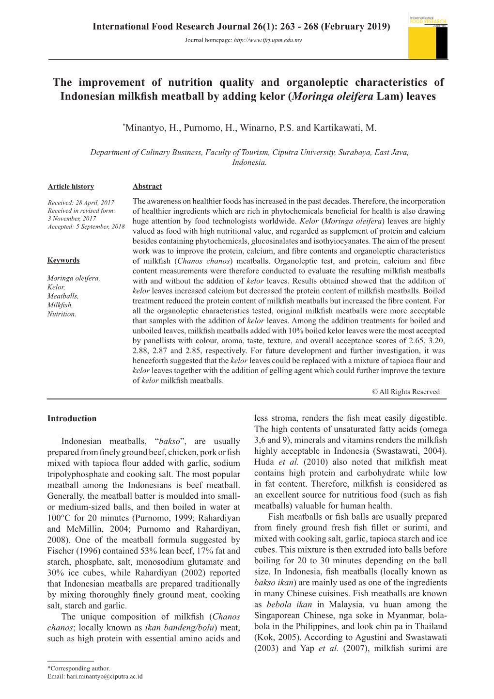 The Improvement of Nutrition Quality and Organoleptic Characteristics of Indonesian Milkfish Meatball by Adding Kelor (Moringa Oleifera Lam) Leaves