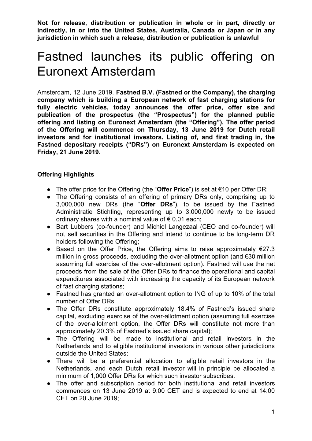 Press Release Announcing the Public Offering on Euronext