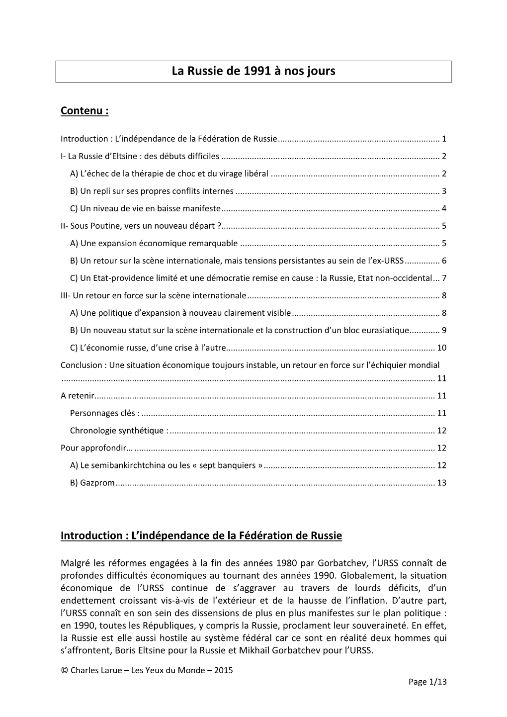 La Russie De 1991 À Nos Jours