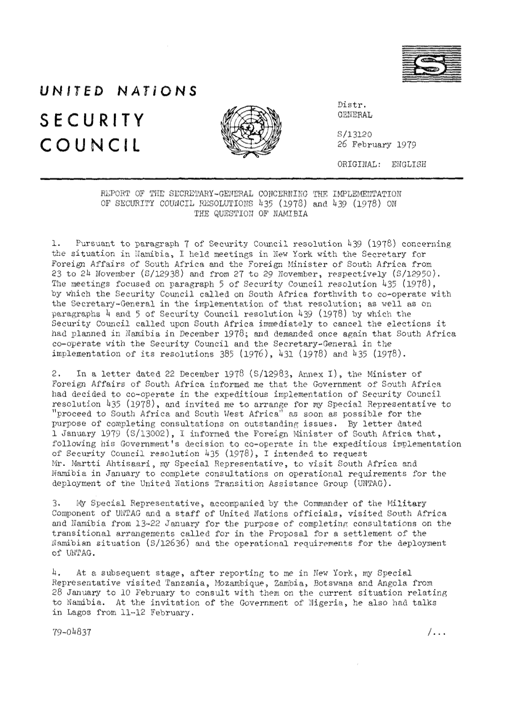 Distr. GENERAL S/L3120 26 February 1979 ORIGINAL: Englisii