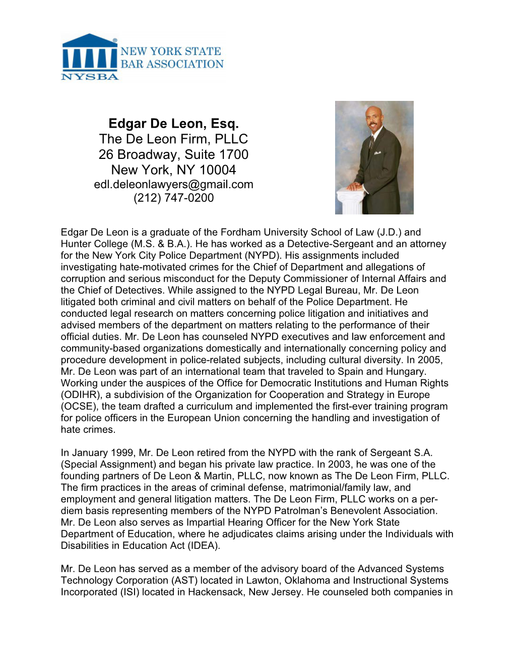 Edgar De Leon, Esq. the De Leon Firm, PLLC 26 Broadway, Suite 1700 New York, NY 10004 Edl.Deleonlawyers@Gmail.Com (212) 747-0200