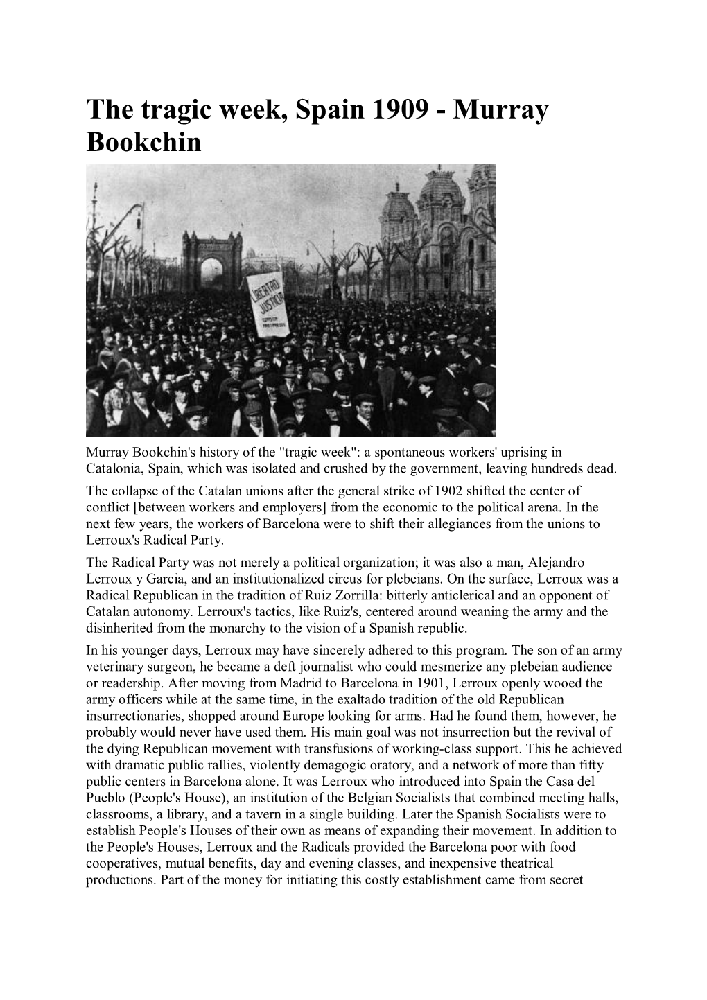 The Tragic Week, Spain 1909 - Murray Bookchin