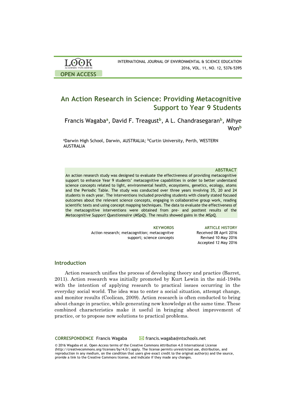 An Action Research in Science: Providing Metacognitive Support to Year 9 Students