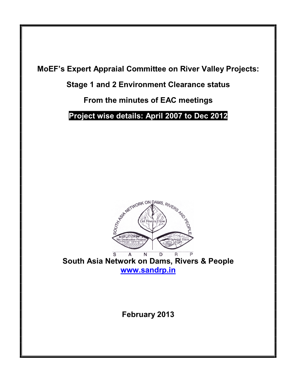 Moef's Expert Appraial Committee on River Valley Projects