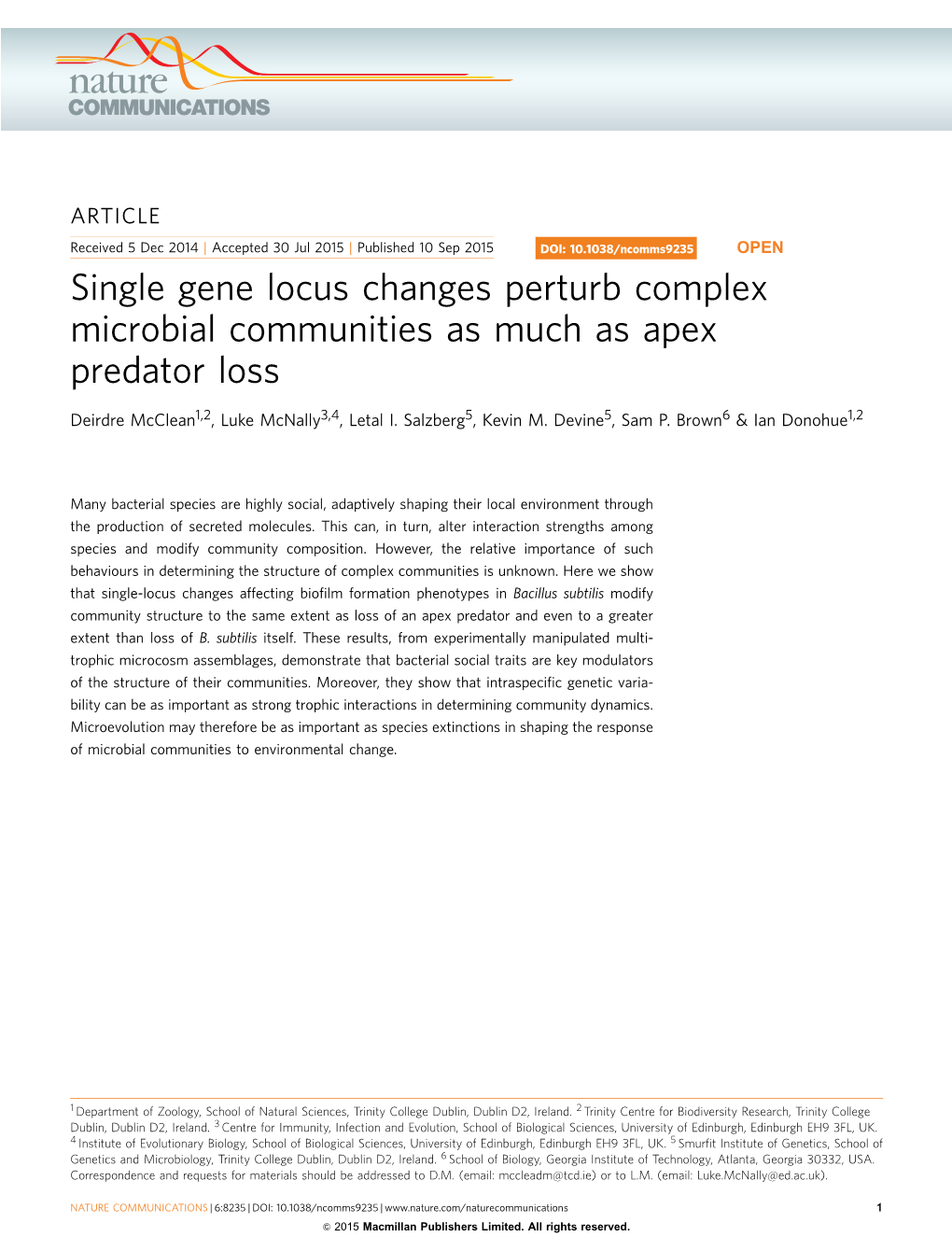 Single Gene Locus Changes Perturb Complex Microbial Communities As Much As Apex Predator Loss