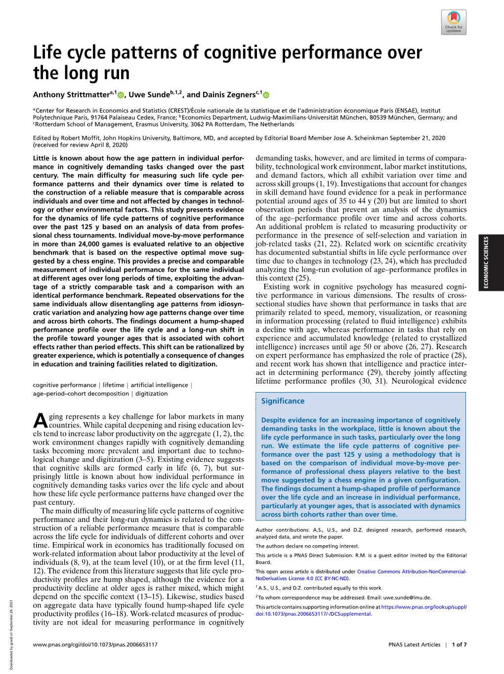 Life Cycle Patterns of Cognitive Performance Over the Long