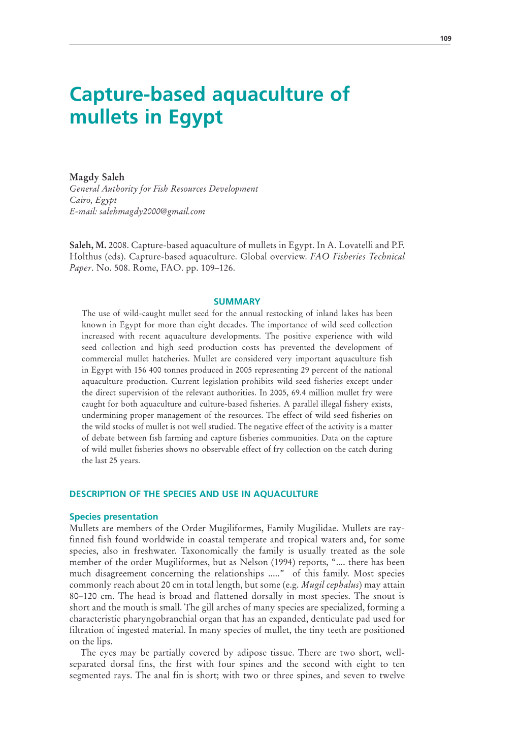 Capture-Based Aquaculture of Mullets in Egypt