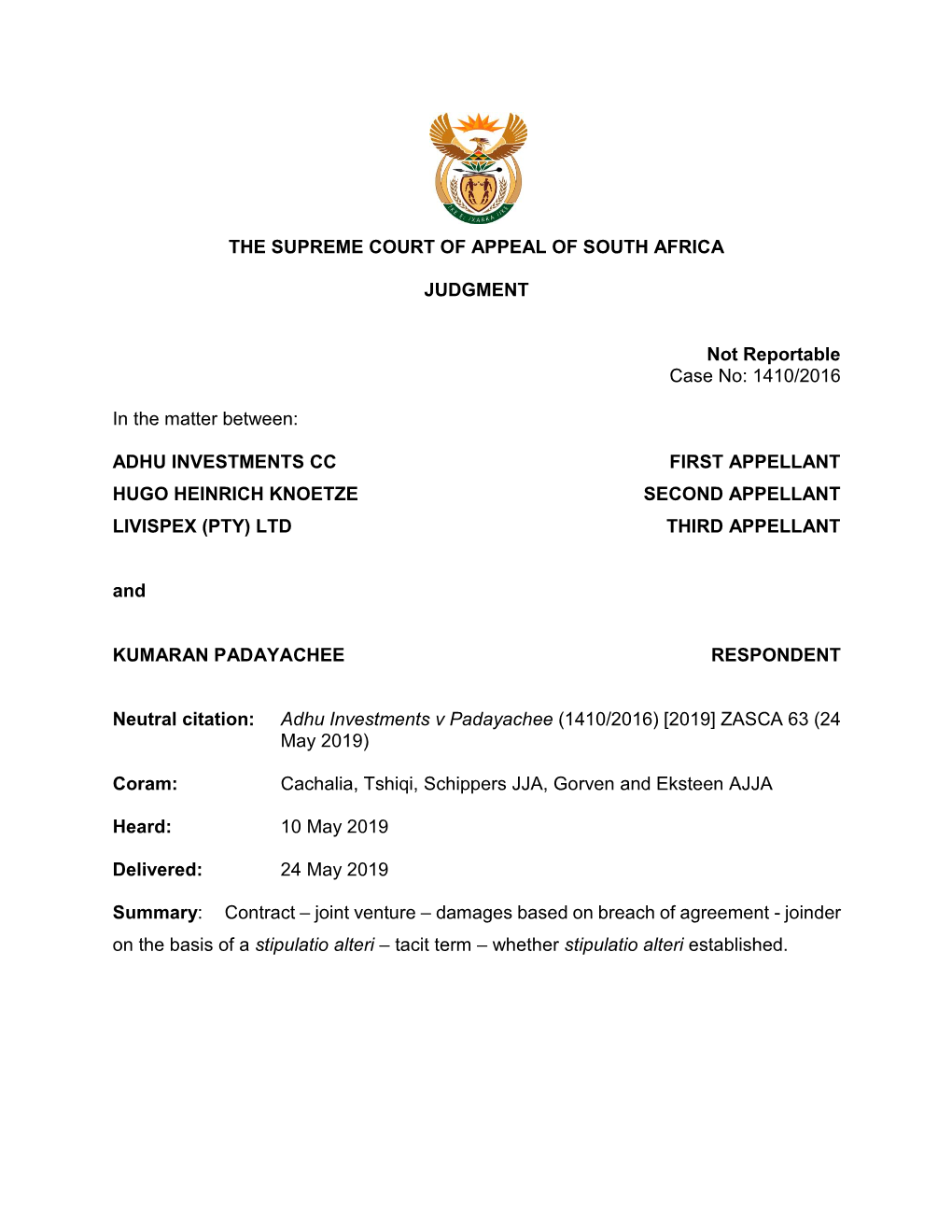 The Supreme Court of Appeal of South Africa Judgment