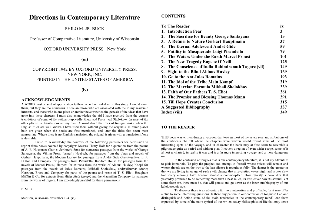 Directions in Contemporary Literature CONTENTS to the Reader Ix PHILO M