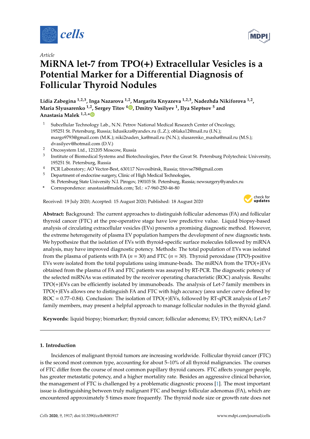 Mirna Let-7 from TPO(+) Extracellular Vesicles Is a Potential Marker for a Diﬀerential Diagnosis of Follicular Thyroid Nodules