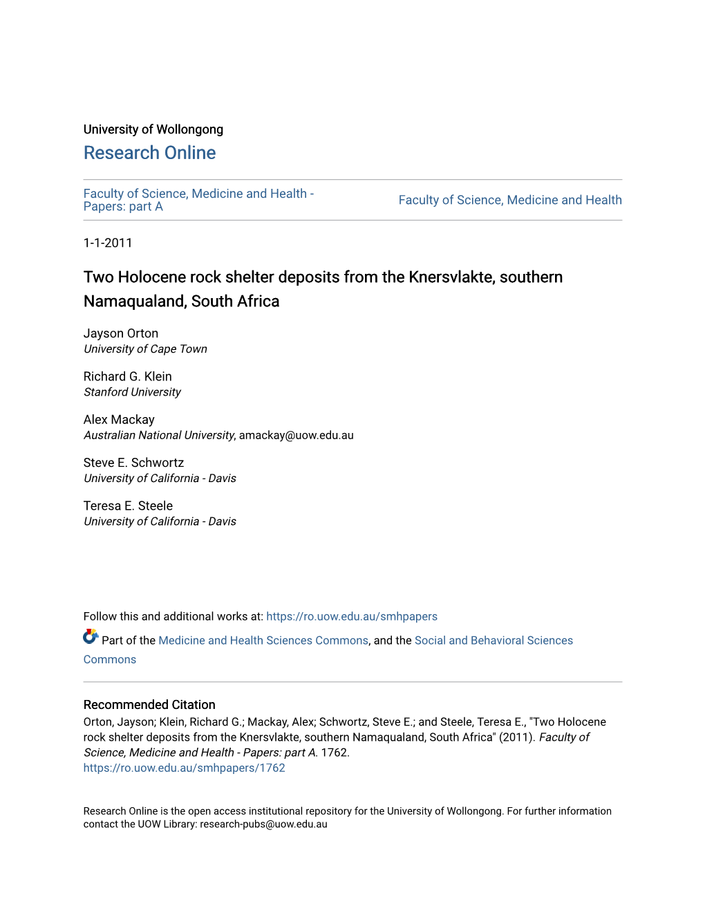 Two Holocene Rock Shelter Deposits from the Knersvlakte, Southern Namaqualand, South Africa