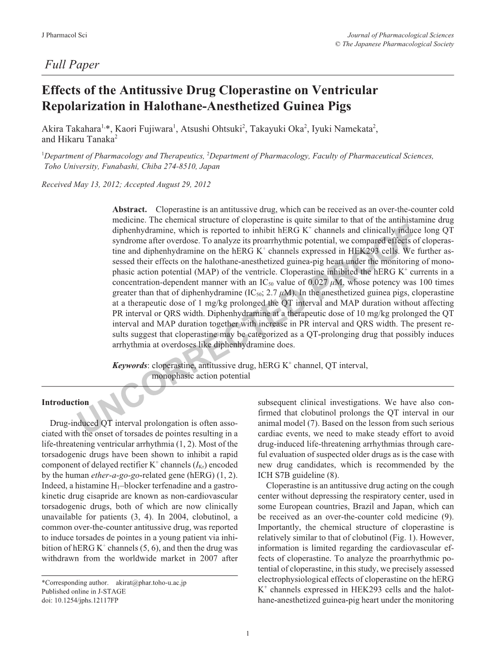 Effects of the Antitussive Drug Cloperastine on Ventricular Repolarization in Halothane-Anesthetized Guinea Pigs