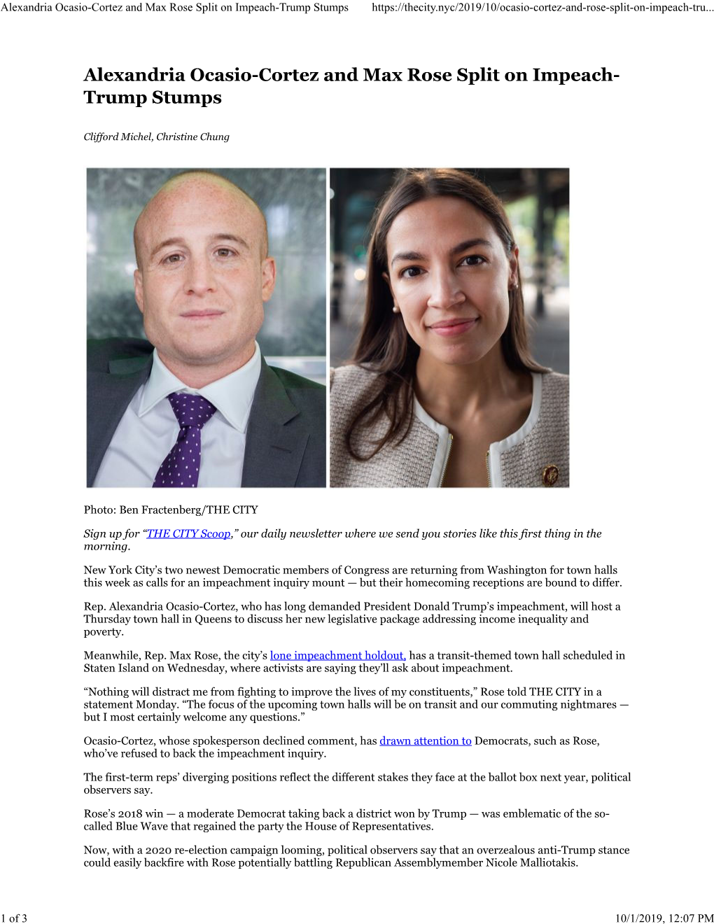 Alexandria Ocasio-Cortez and Max Rose Split on Impeach-Trump Stumps