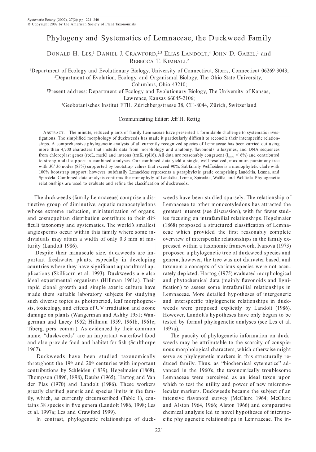 Phylogeny and Systematics of Lemnaceae, the Duckweed Family