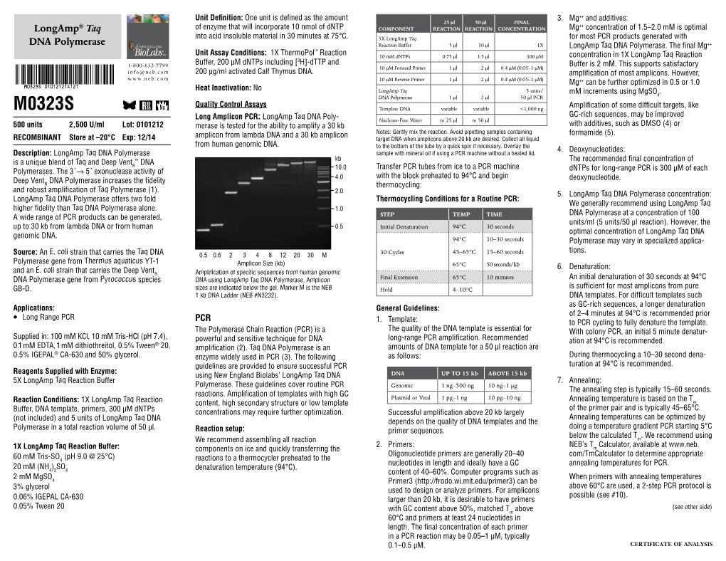 Datasheet for Longamp® Taq DNA Polymerase (M0323; Lot 0101212)