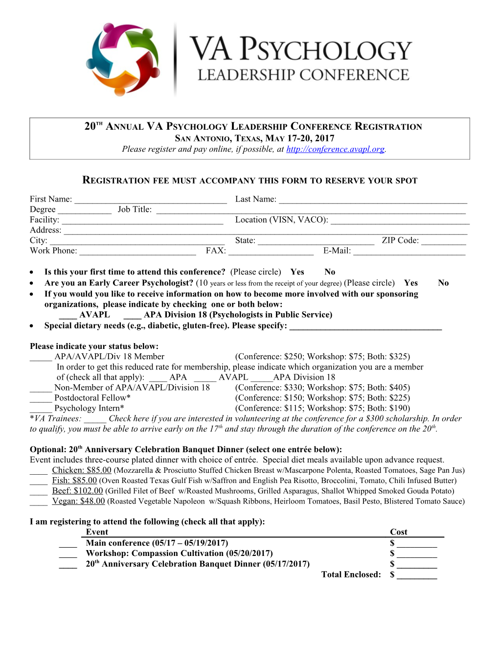 20Th Annual VA Psychology Leadership Conference Registration